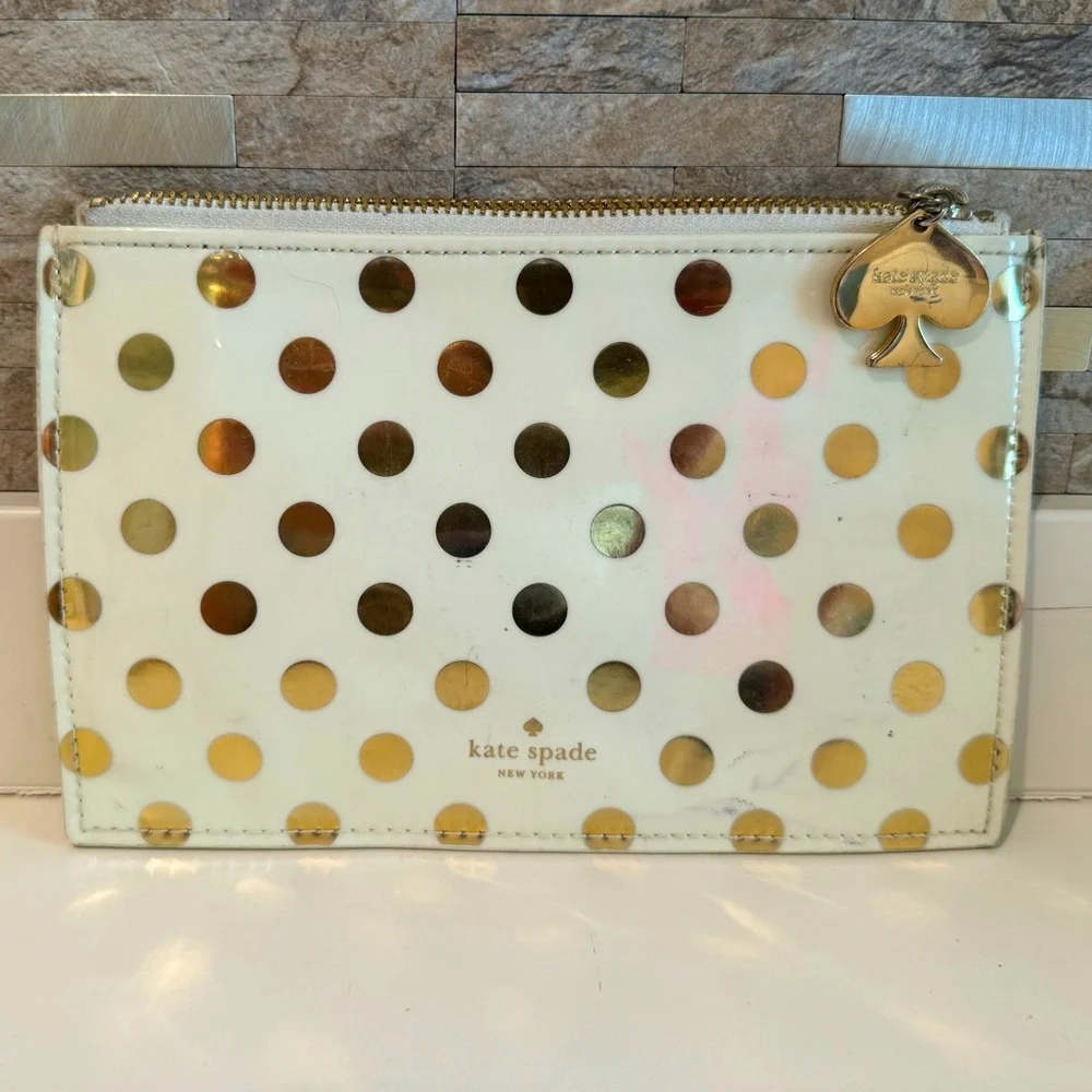 Kate Spade Patent Leather Ivory/Gold Polka Dot Case Bag Pouch Clutch - Picture 1 of 5